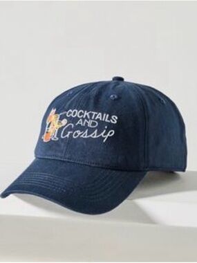 Anthropologie Navy Baseball Cap with 'Cocktails and Gossip' Embroidery NWT